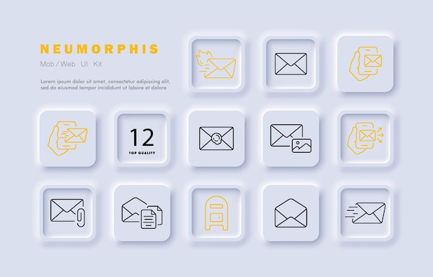 mail management set iconfire fast delivery letter envelope email phone seal picture listing paper clip attachment mailbox documents message communication concept neomorphism style