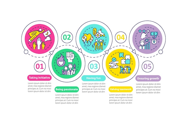 Main company core values infographic template. Teamwork, ensuring growth presentation design elements. 