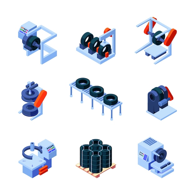 Making tires Isometric technician processes machinery steel industry tires production technology garish vector smart services
