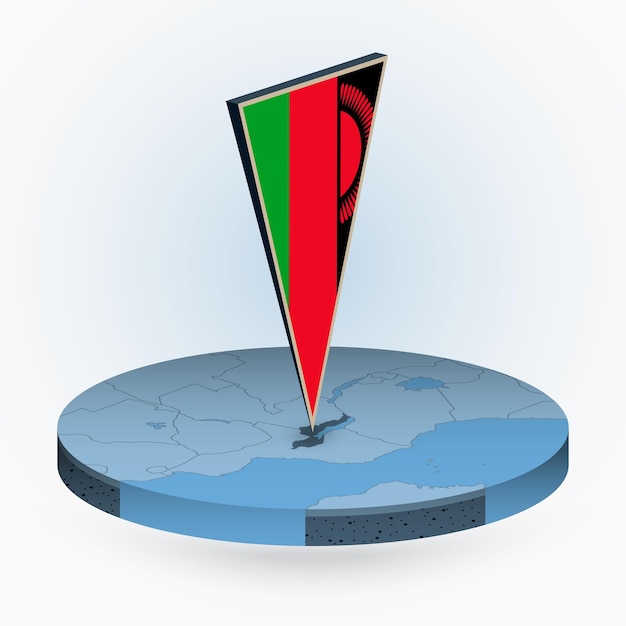 Malawi map in round isometric style with triangular 3D flag of Malawi
