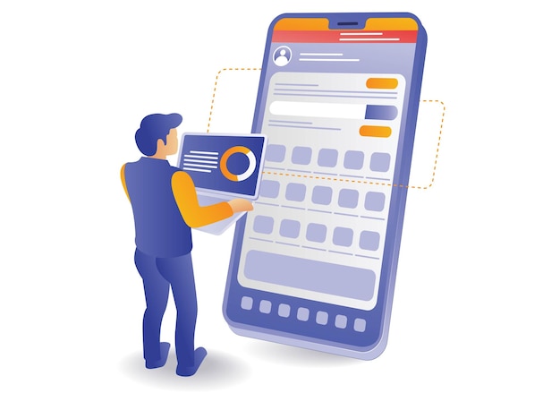 Male analyst testing smartphone application concept illustration