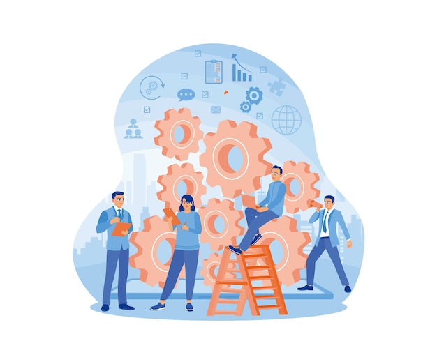 Male and female entrepreneurs develop business strategies Work together according to tasks to achieve targets Teamwork concept Flat vector illustration