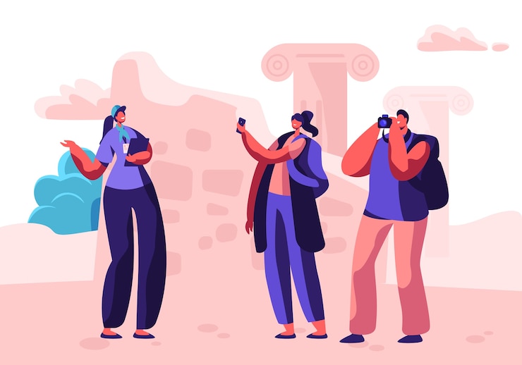 Vektör male and female tourist characters visit sightseeing with guide making pictures on photo camera. concept illustration