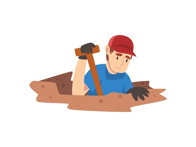 male archaeologist digging soil layers scientist working on excavations vector illustration on white background