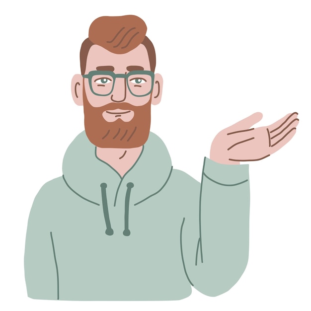 Male character holding up open palm Showing giving receiving gesture Hand drawn vector illustration