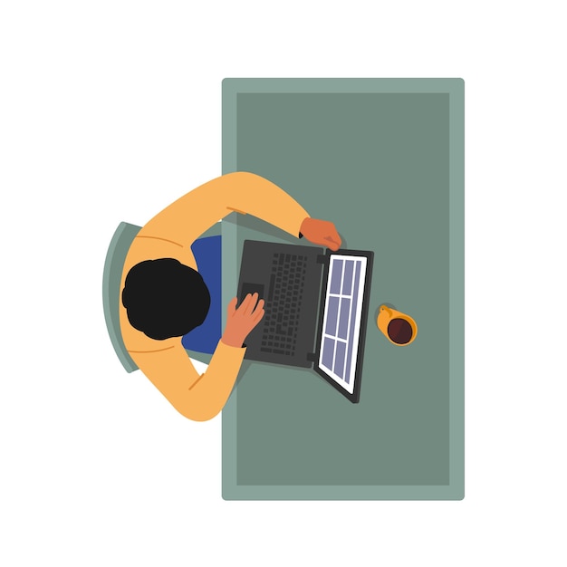 Male Character Sitting At Office Desk With Laptop And Coffee Cup Top View Businessman Sit At Table Working On Notebook
