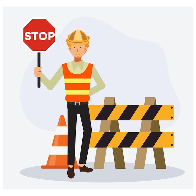 Male engineer holding STOP sign. No entrance.