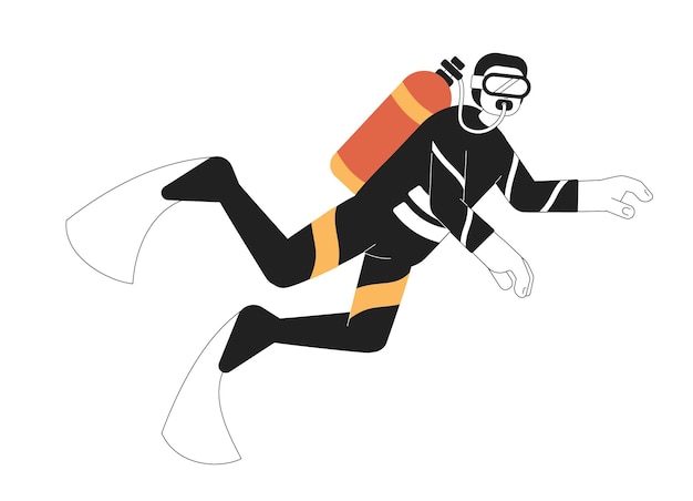 Male scuba diver swimming underwater monochromatic flat vector character