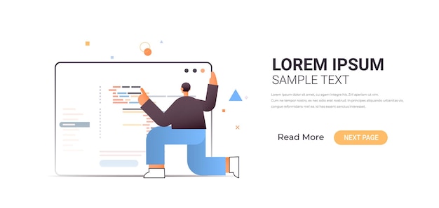male web developer creating program code development of software and programming concept full length horizontal illustration