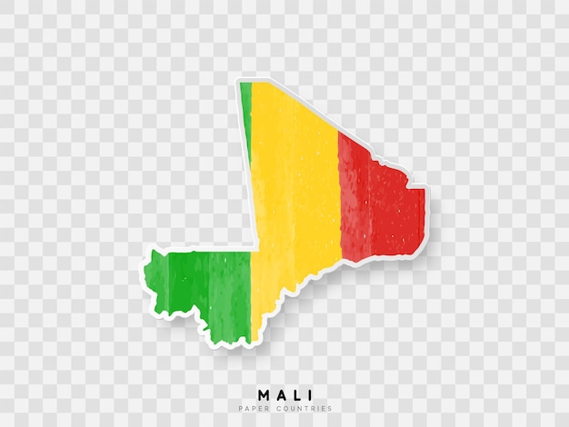Mali detailed map with flag of country. Painted in watercolor paint colors in the national flag.