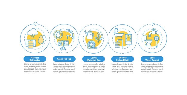Mall för infografikvektor för återanvändning av vatten. Designelement för presentation om minskning av slöseri med hushållsresurser. Datavisualisering med fem steg. Processens tidslinjediagram. Arbetsflödeslayout med linjära ikoner