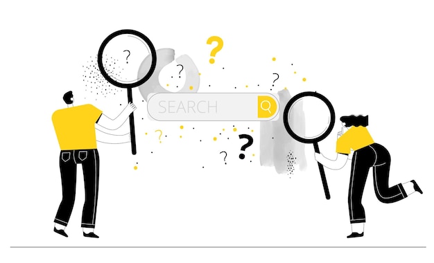 Man and a woman with magnifying glasses are looking for answers to questions in the search bar