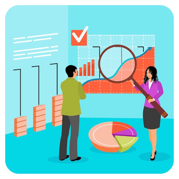man and woman analyzing charts and graphs at business dashboard