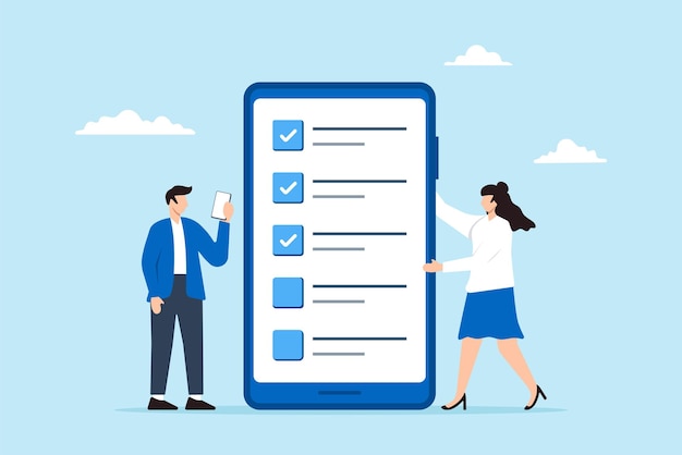 Man and woman filling online checklist survey form on smartphone