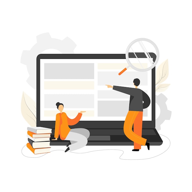 Man and woman studying online on laptop in flat design