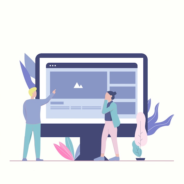 man and woman work together. big screen showing website. team work.