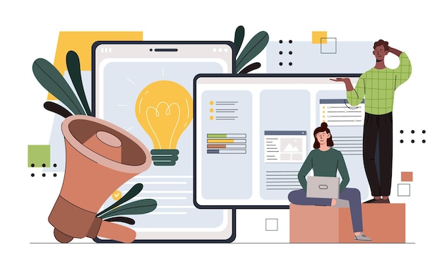 Man and woman working concept freelancers and remote workers coworkers with loudspeaker and