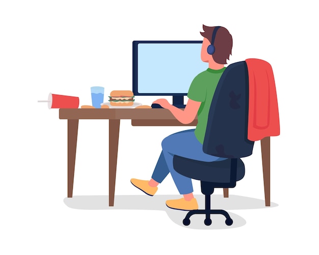 Man at computer desk semi flat color vector character