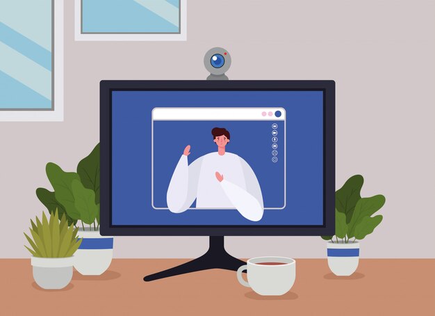 Man avatar on computer in video chat  