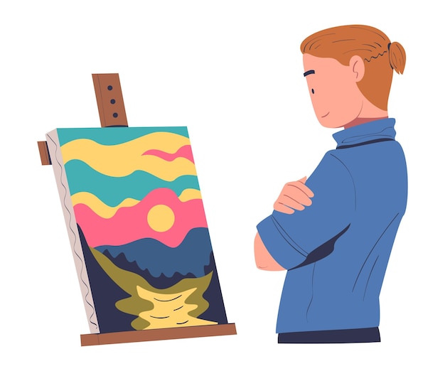man character drawing nature landscape standing in front of easel looking on canvas vector
