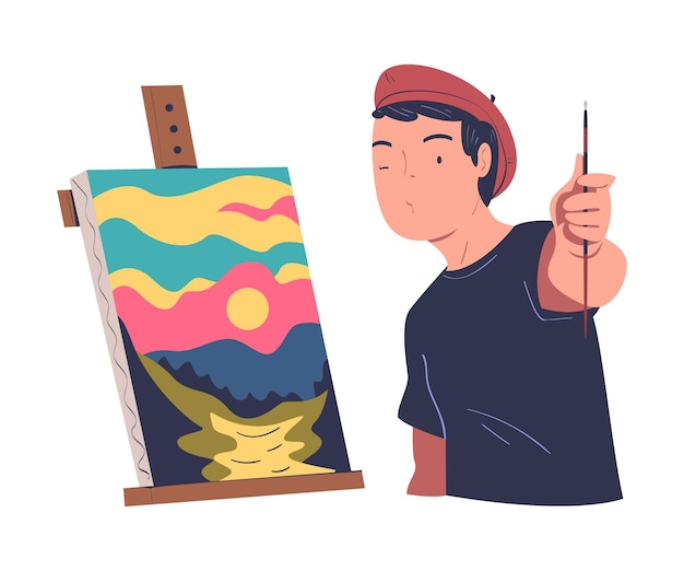 man character in beret drawing nature landscape with easel and brush on canvas vector illustration