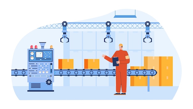 Man controlling automation production line. Male worker in uniform and hard hat watching out process of boxes packing on conveyer flat vector illustration. Manufacture, warehouse concept