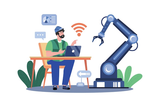 man controlling factory robot with laptop