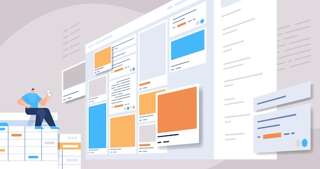 man developer using smartphone creating mobile app ui interface web application development program software optimization concept horizontal full length vector illustration