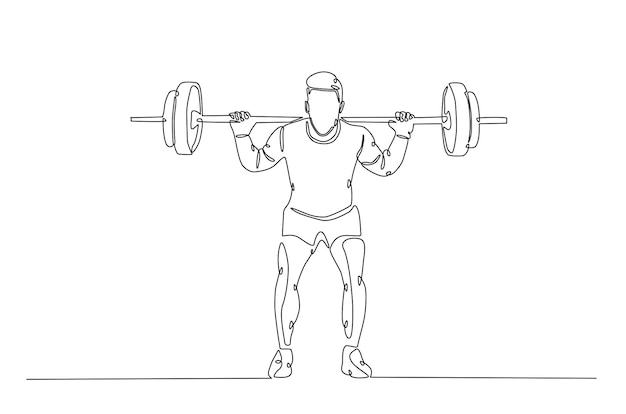 Man doing exercise with a heavy weight bar in continuous one line drawing