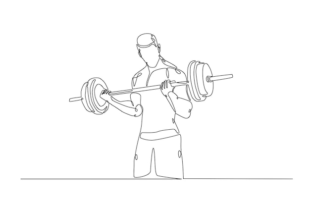 Man doing exercise with a heavy weight bar in continuous one line drawing