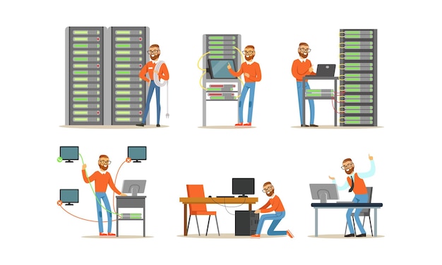 Man Engineer Working in Server Room Digital Computer Center and Data Support