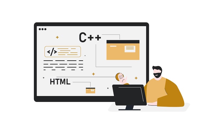 Vektor man explaining web programming male showing screen computer programmer software coding language