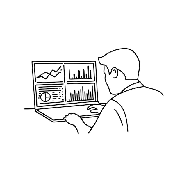 Man focused on a laptop displaying multiple graphs and charts analyzing data for insights continuous line art
