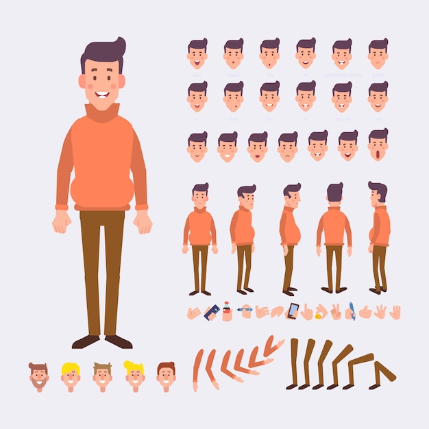 man for animation with various hairstyles emotions lip sync and gestures front side back view vector