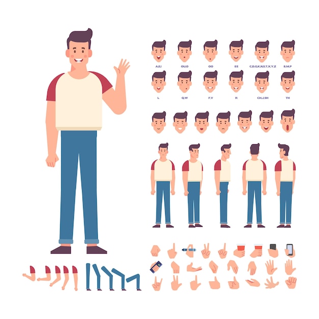 man for animation with various hairstyles emotions lip sync and gestures front side back view vector