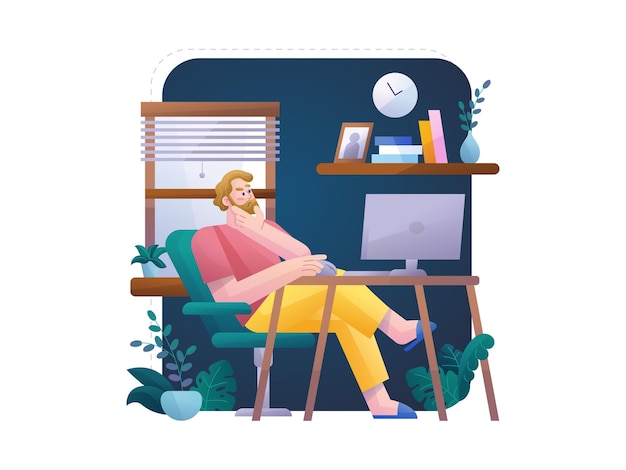 man freelancer working on his computer in a working room gradient flat vector illustration