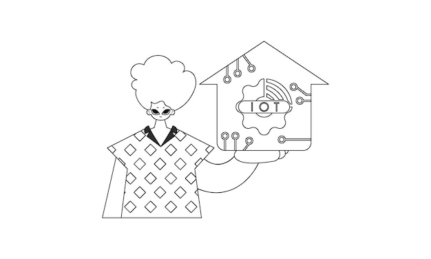 man grasping iot emblem drawn in linear vector style