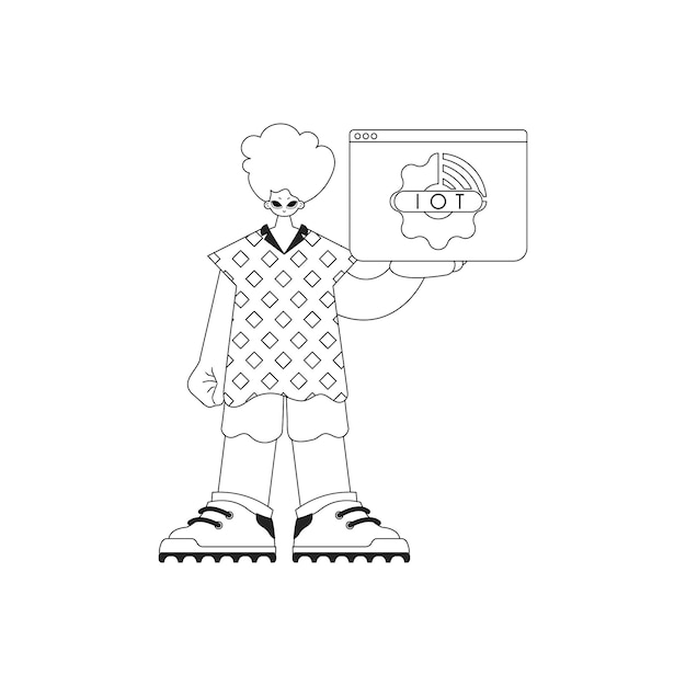 man grasping iot logo in vector line art