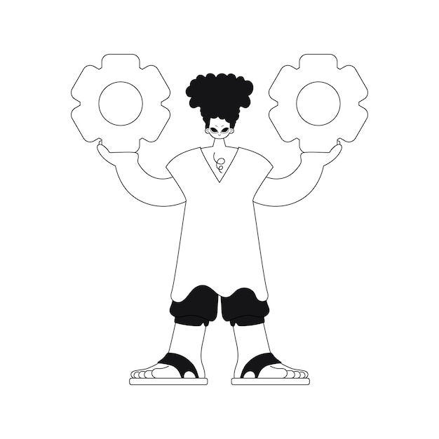 man gripping gears in hands. vector illustration in linear style.