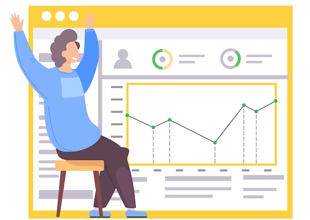 man happily raises his hands up work with statistics indicators and data analysis growing graph