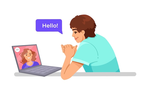 Man having video call on laptop with a woman saying hello Vector illustration