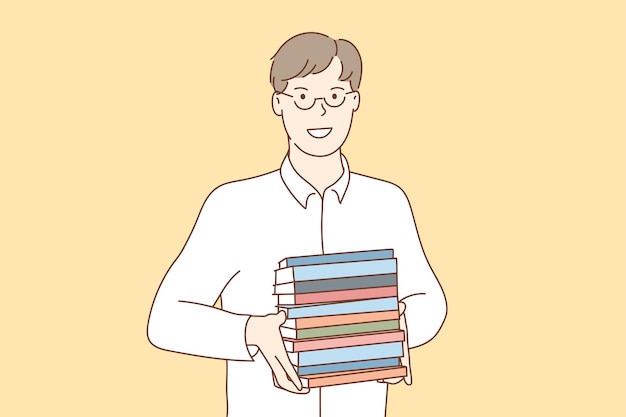 Man holding a pile of books while holding a yellow background