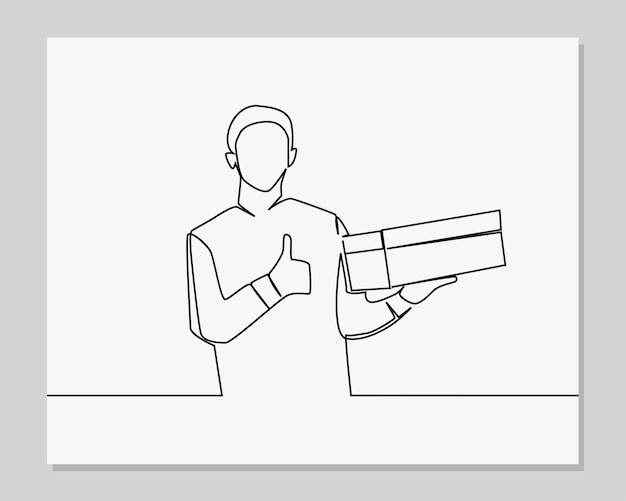 Man holding cardboard box continuous one line illustration
