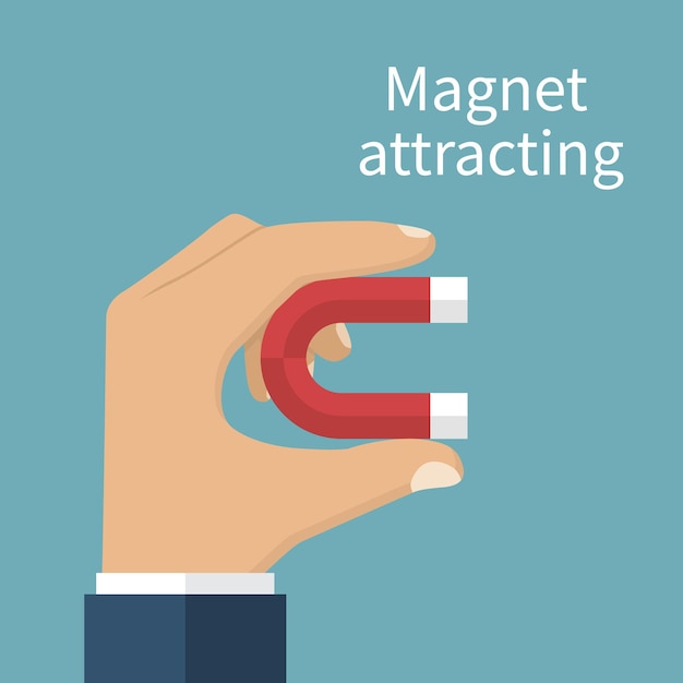 Man holding magnet in hand Isolated on white background Concept of attraction Vector illustration flat design