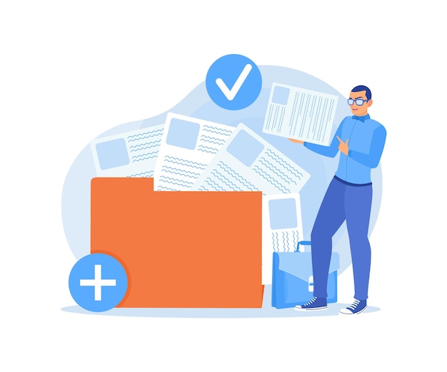 man holding paper document save files in large folders storage concept flat vector illustration