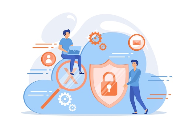 Man holding security shield and developer using laptop. Data and applications protection, network an
