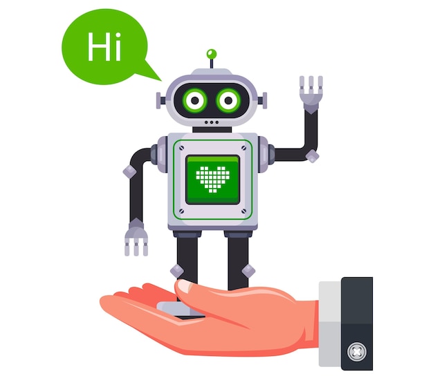 Man holds in his palm a child's toy robot on a white background flat vector character illustration