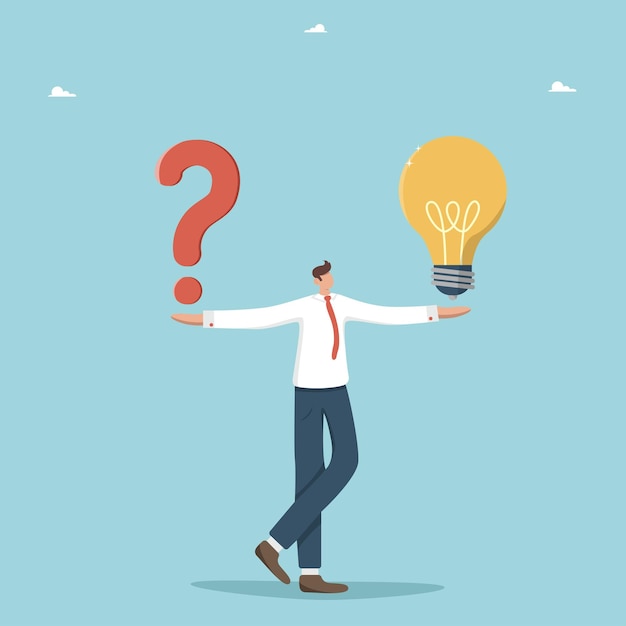Man holds question mark and light bulb in handsBrainstorming to solve business problems creativity