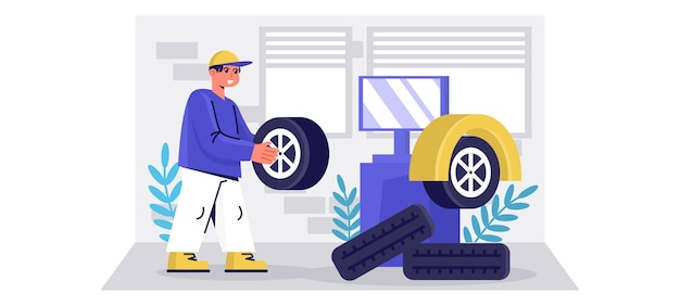 man holds wheel and installs on machine for checking and balancing