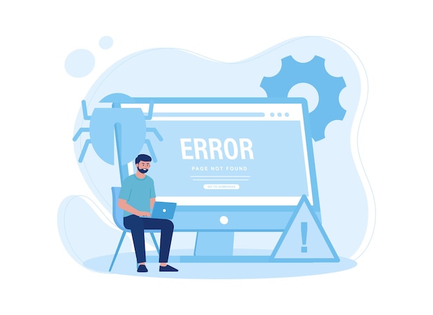 man is fixing a computer that has malware on it trending concept flat illustration